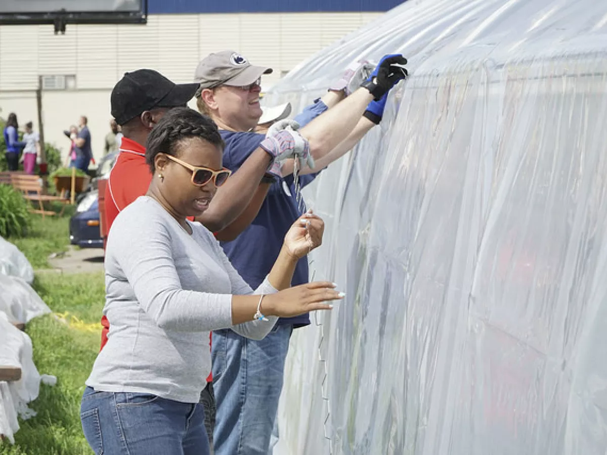 Penn State World Campus students and staff helped repair the high tunnels at the Share Program in Philadelphia with the Penn State Center Philadelphia. Photo by Joseph Kaczmarek