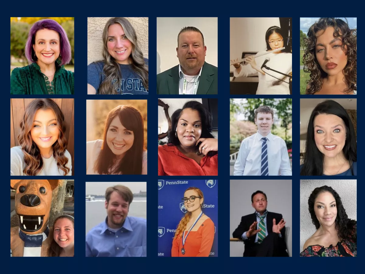 Collage of photos of 15 smiling people with a blue background