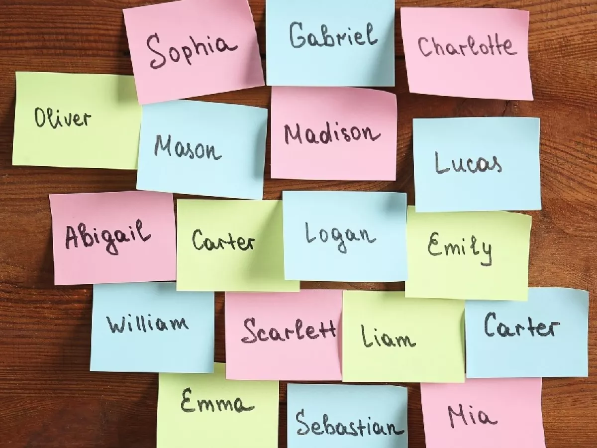 Group of sticky notes, each of which has a common name written on it.