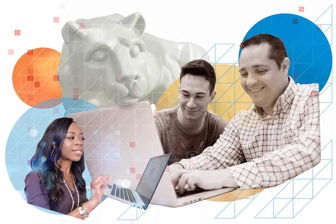 Collage of Nittany Lion statue, student working on a laptop, and two students collaborating